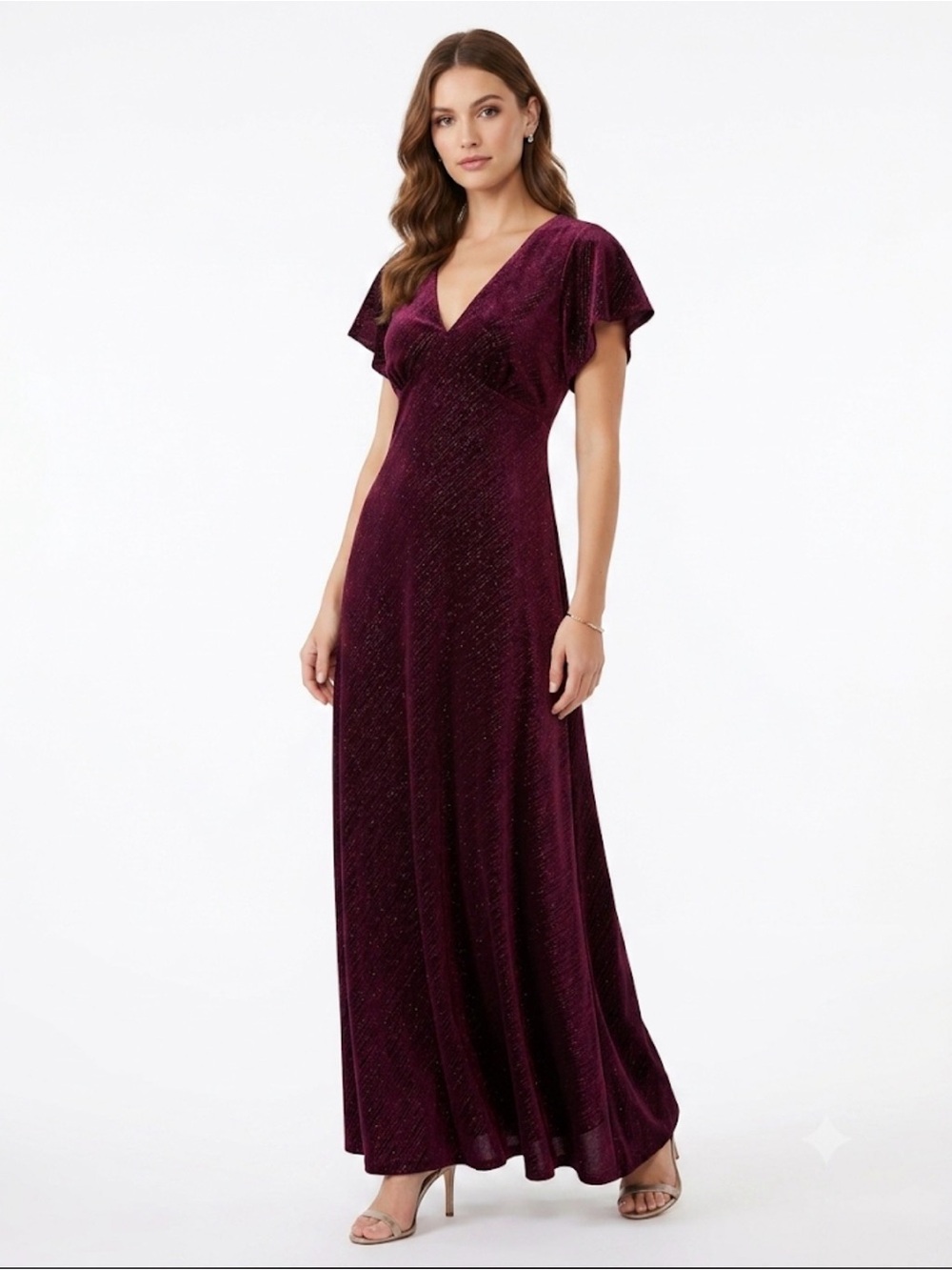 Taylor Plum V-Neck Flutter Sleeve Maxi Gown, shimmer